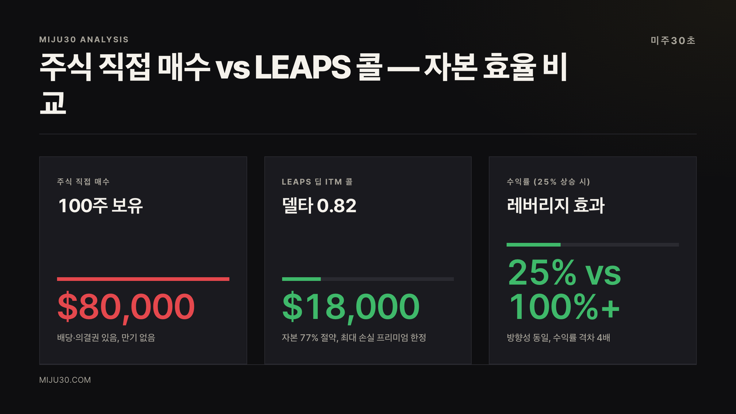 주식 직접 매수와 LEAPS 옵션 전략 비교 표