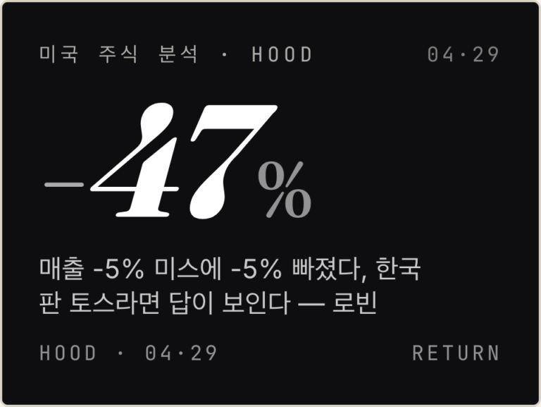 HOOD · 매출 -5% 미스에 -5% 빠졌다, 한국판 토스라면 답이 보인다 — 로빈후드 주가 전망 [HOOD]