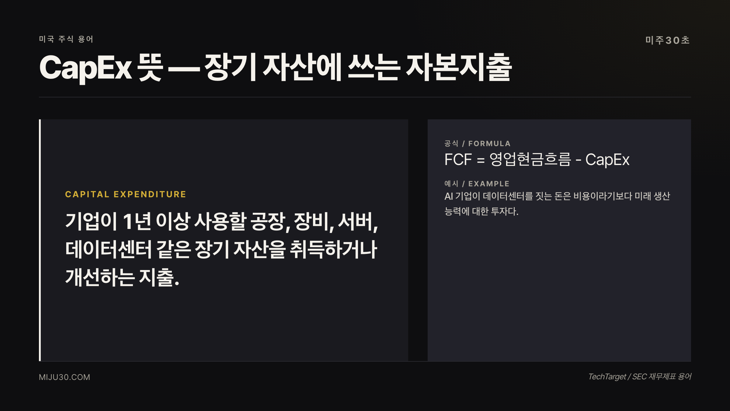 CapEx 뜻 설명 — 공장 장비 데이터센터 같은 장기 자산 투자